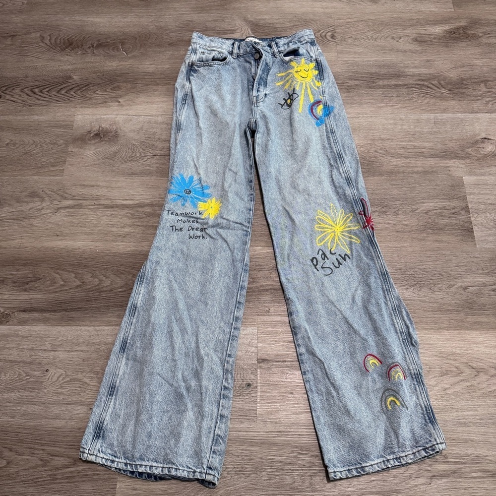 Pacsun Baggy Jean 26 Painted Denim Paint Flower Rainbow Sun Eye Button Fly